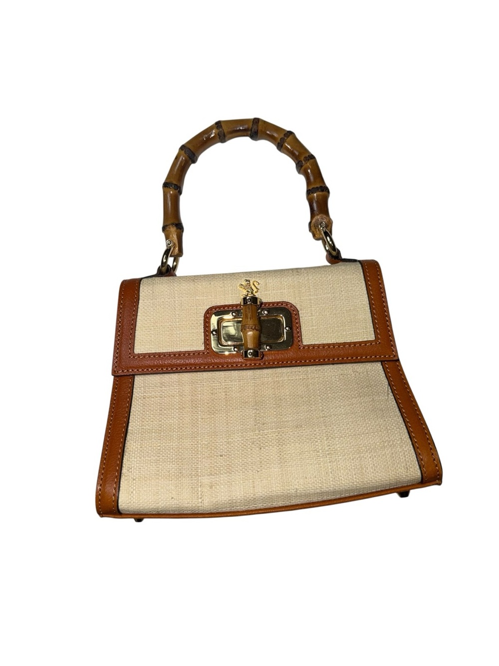 Pratesi Firenze Italy Bamboo Handle Leather Linen Top Handle Satchel Handbag Mad